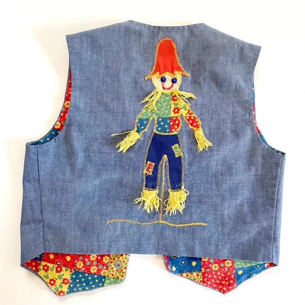 Denim Patchwork Scarecrow Vest Vintage 70s Sz 10 Kids Patchwork Quilted Boho